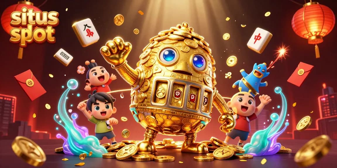Situs slot yang menampilkan kemenangan besar dengan golem emas dan simbol mesin slot berkilau.