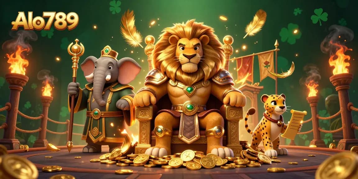 Alo789 showcases a thrilling online cockfighting scene with a fierce lion king, an elephant advisor, and a cheetah messenger.