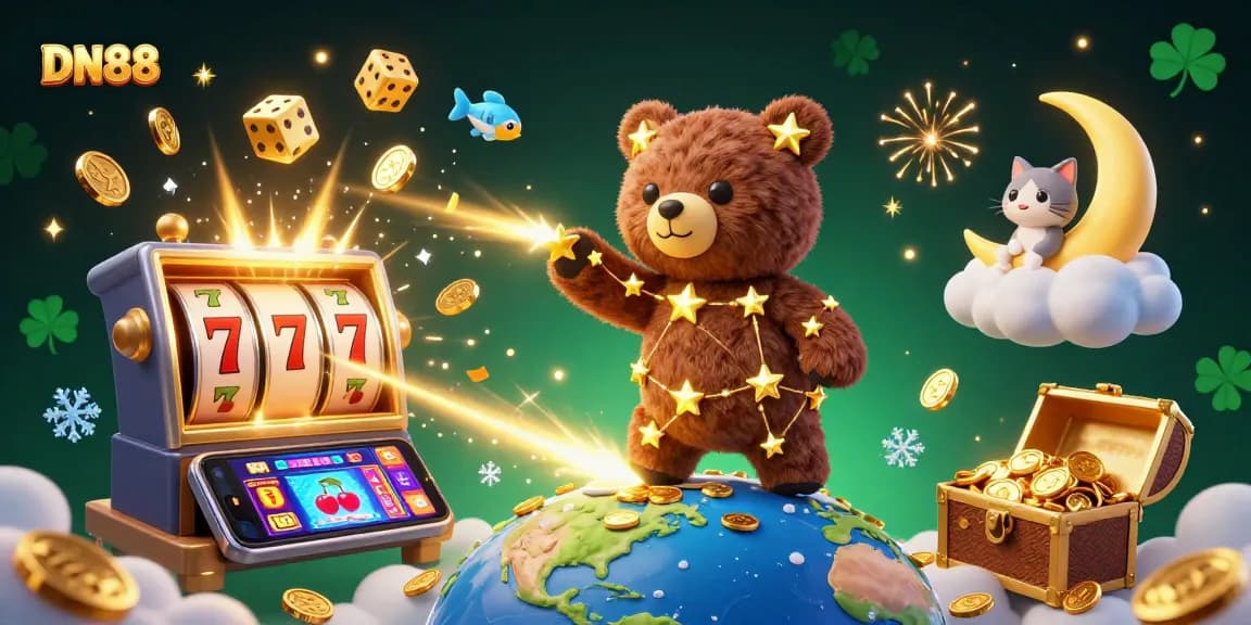 Experience the thrill of DN88 with a vibrant 3D illustration showcasing a cosmic bear and slot machine action!