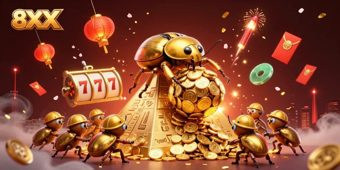 Spin the 8XX slots to reveal golden wins amidst a vibrant casino atmosphere.