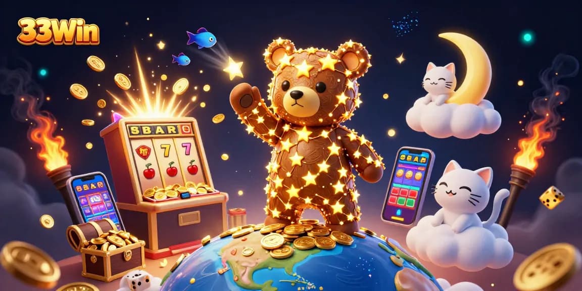Experience the excitement of 33Win with dynamic slot machine bursts and rich jackpot visuals.