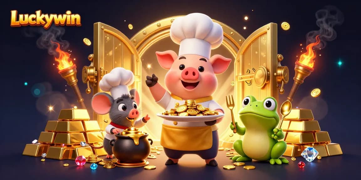 Feel the excitement of Luckywin with a vibrant casino scene featuring chefs and treasures.