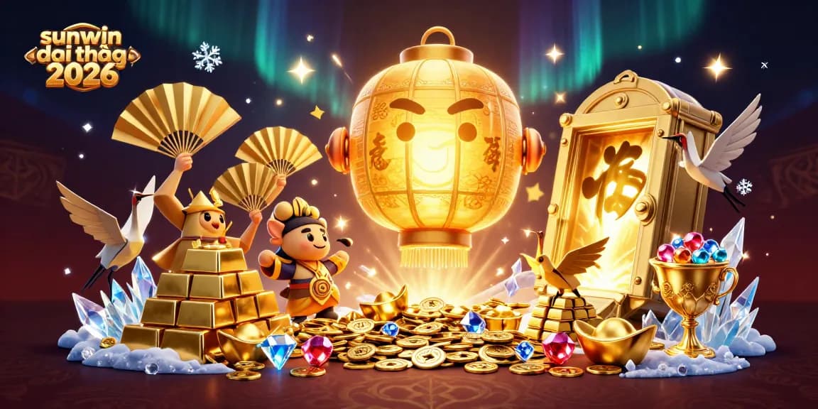 Experience sunwin đổi thưởng 2026 at a dazzling night market casino featuring golden lanterns and treasure