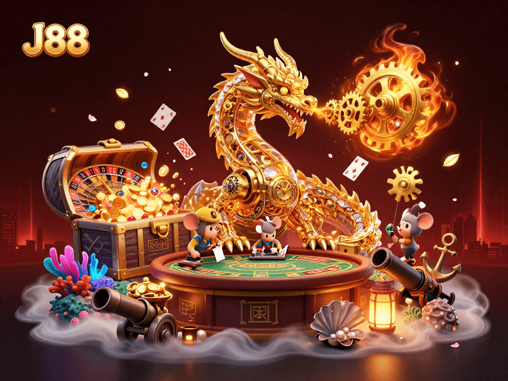 Engage with J88 casino gaming, featuring a golden dragon and vibrant gambling elements.