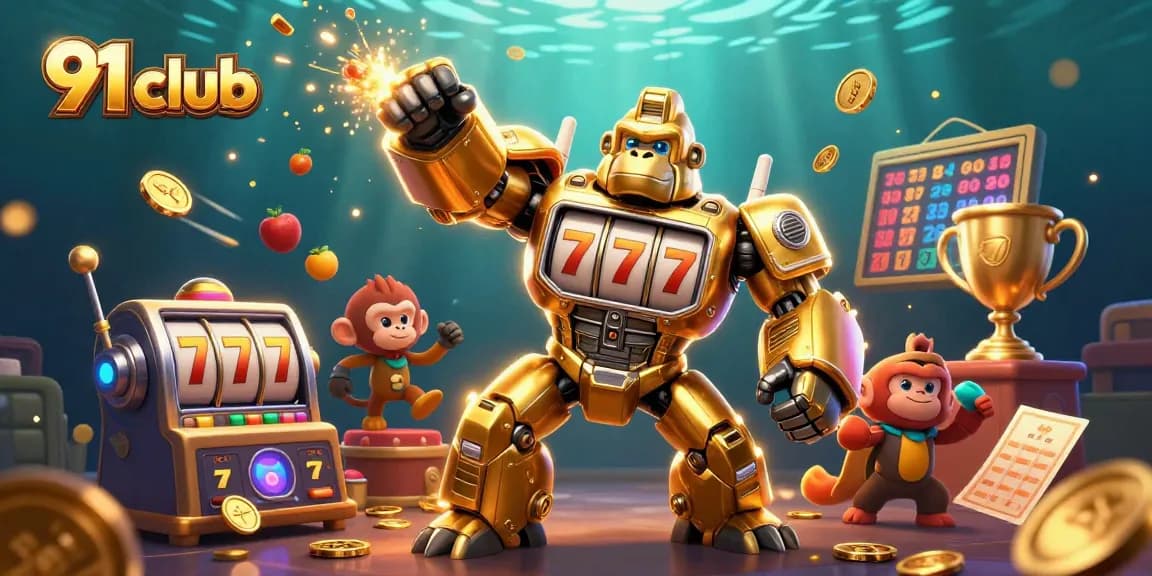 Experience thrilling gaming action at 91 club with an epic golden gorilla mech and immersive elements.