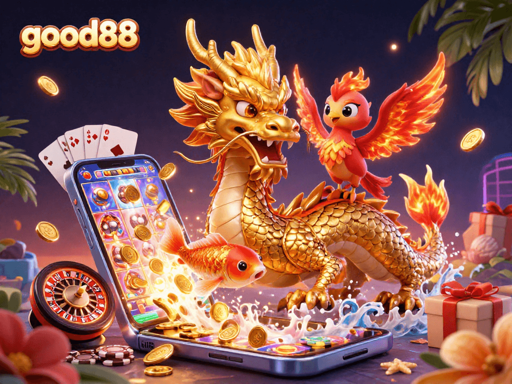Spin and win at good88 with a vibrant digital casino scene featuring a golden dragon and phoenix.