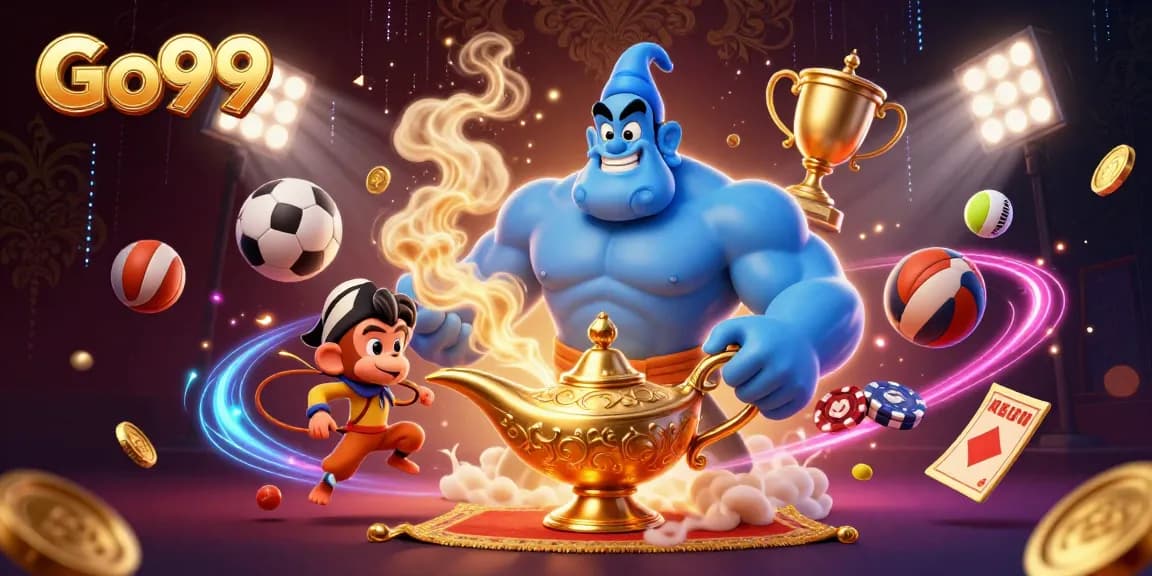 Engage with Go99 in a dynamic 3D casino scene featuring the blue genie, poker chips, and sports elements.
