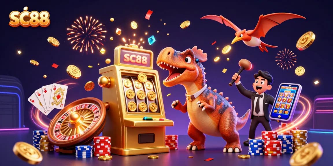 SC88 features a cartoon dinosaur winning big at a casino, capturing excitement with flying coins and vibrant colors.