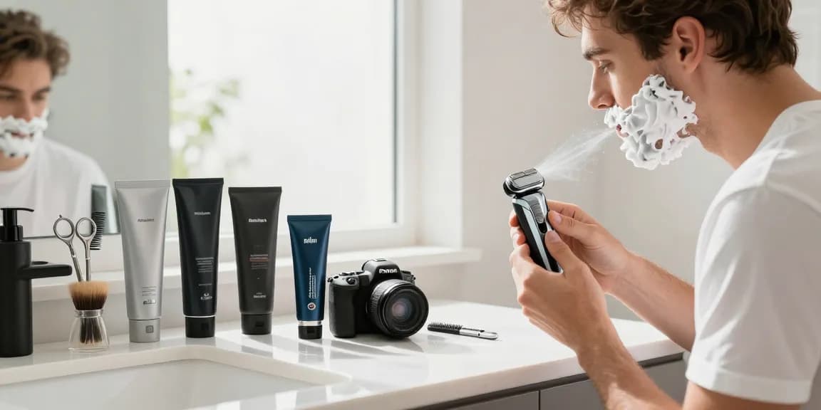 rokok88 alternatif showcases trendy electric shavers and grooming tools in a bright bathroom environment.