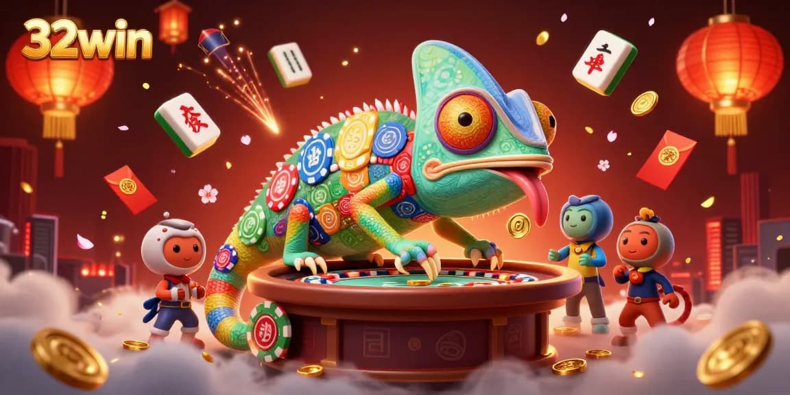 Experience thrilling gameplay at 32win with a dynamic illustration showcasing casino excitement and vibrant characters.