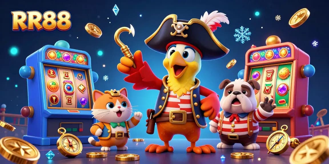 Experience the thrilling world of RR88 with vibrant 3D cartoon characters navigating colorful casino games and jackpots.