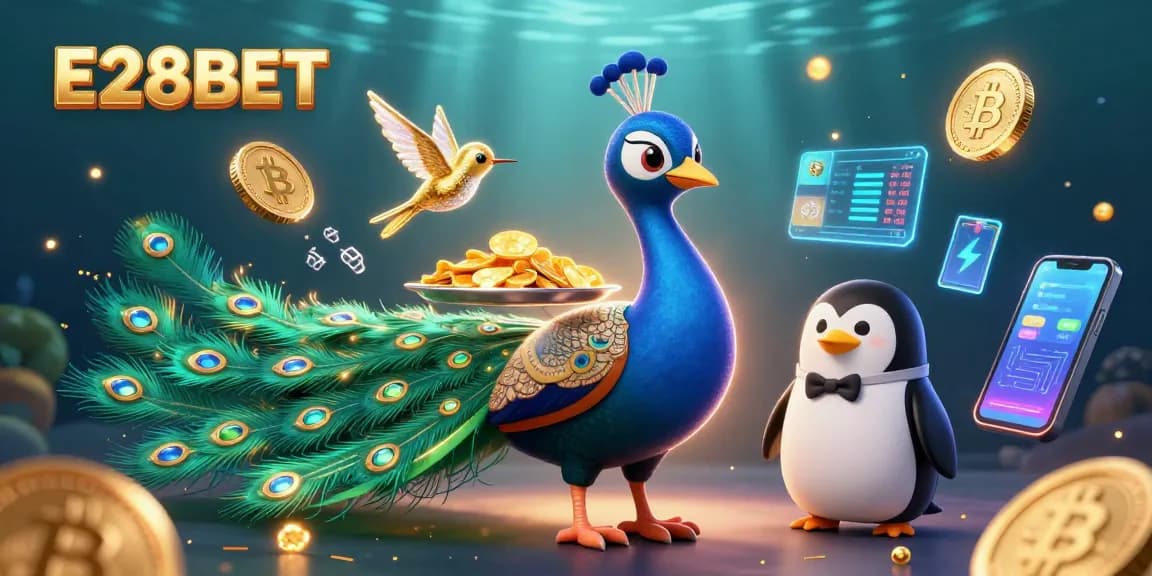 E28BET showcases a vibrant 3D casino scene with captivating characters and cryptocurrency elements.