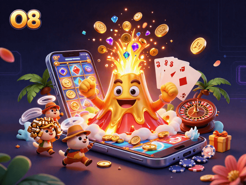 Spin winning reels and chase treasure with O8 in this vibrant casino-themed illustration.