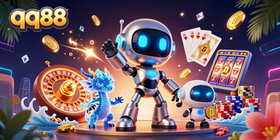 Engage with qq88 through a vibrant 3D casino scene featuring futuristic robots and dynamic game elements.