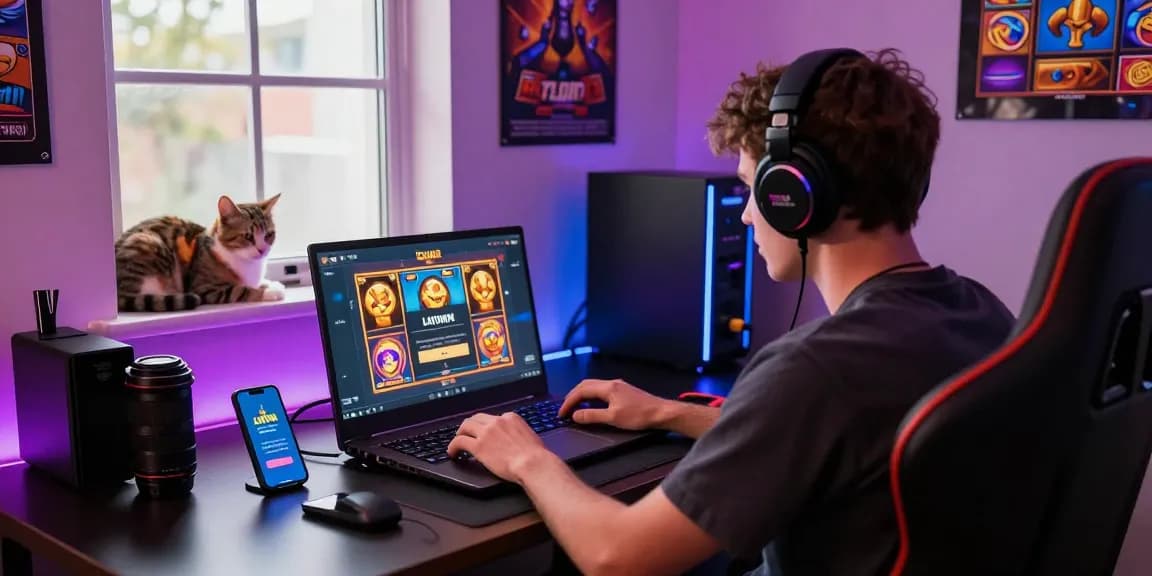 LAVOWIN login interface showcased in a vibrant gaming setup with a player engaged and accessories around.