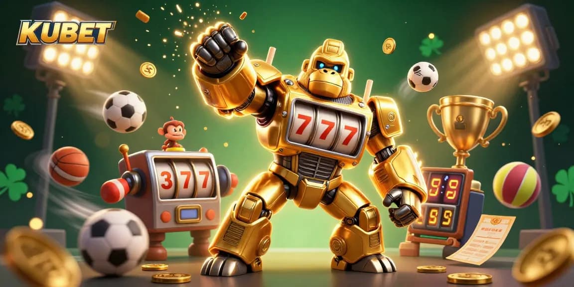 Experience thrilling gaming action with KUBET through an exciting 3D illustration of festive gaming elements.