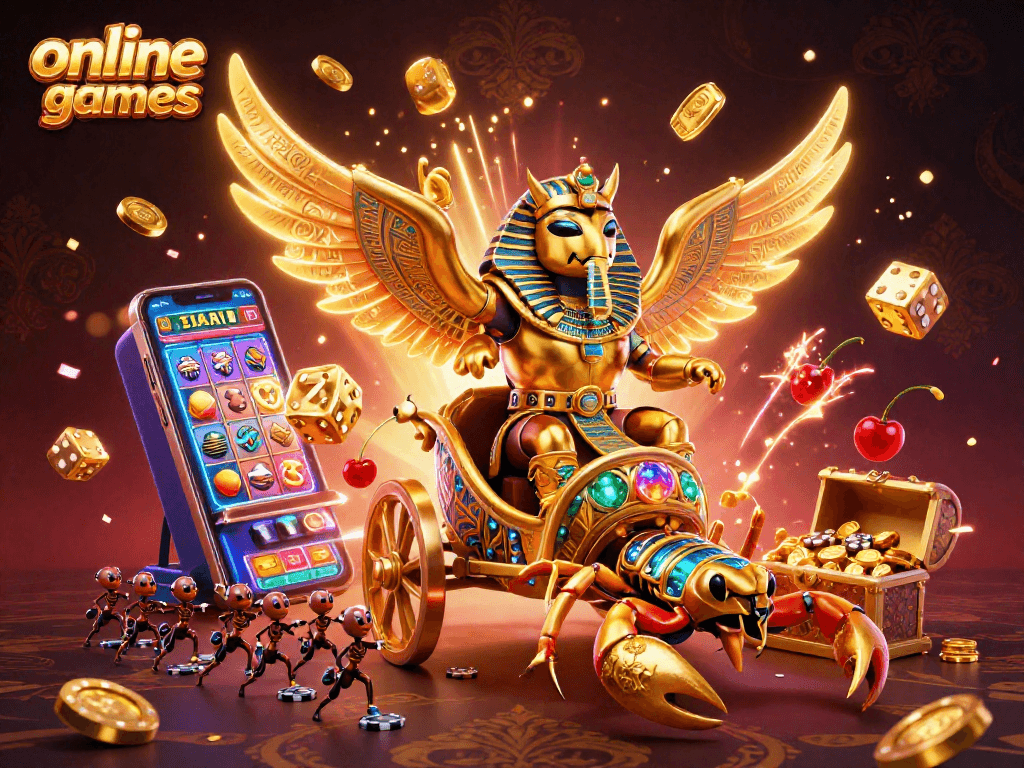 Experience thrilling online slot games in a vibrant 3D scene filled with jackpots and game elements.