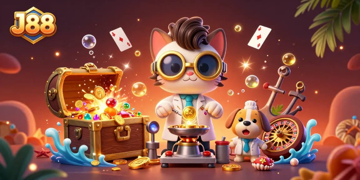 Experience the excitement of J88 with a 3D illustration of whimsical characters in a vibrant casino setting.