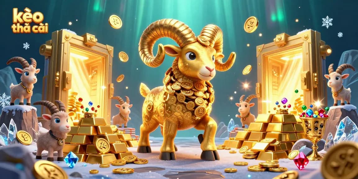 Bet on kèo nhà cái with golden ram charging through treasure, showcasing wealth symbols.
