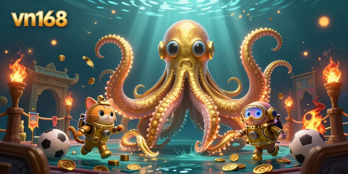 Engage with vn168's thrilling atmosphere as a kraken and diving cat combine excitement in this unique gambling scene.