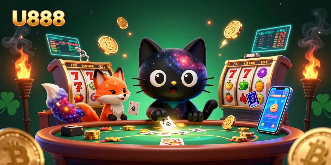 Engaging scene with U888 featuring a unique black hole cat at a cosmic casino table, highlighting exciting slot game elements.