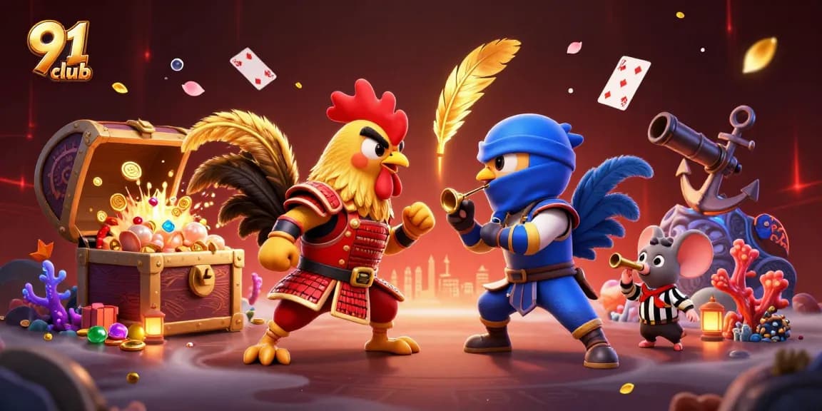 Engage with thrilling 91 club gameplay featuring dynamic roosters and casino elements in an exciting 3D illustration.