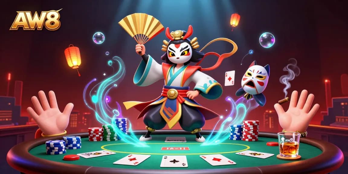 AW8 engages in a thrilling poker showdown with vibrant characters and casino elements