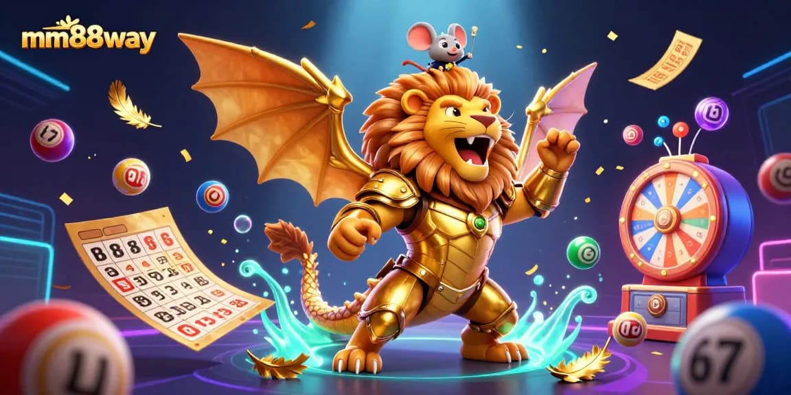 Experience the excitement of mm88way as a chimera triumphantly roars amid bouncing lottery balls and golden rewards.