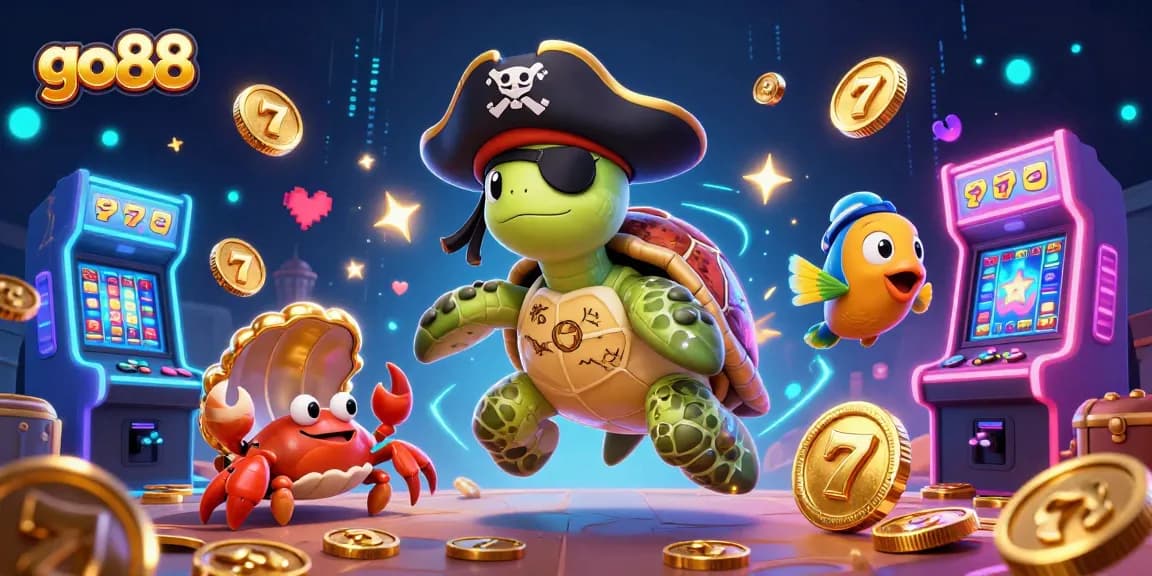 Experience the excitement of go88 with a pirate turtle and colorful slot elements in dynamic 3D.