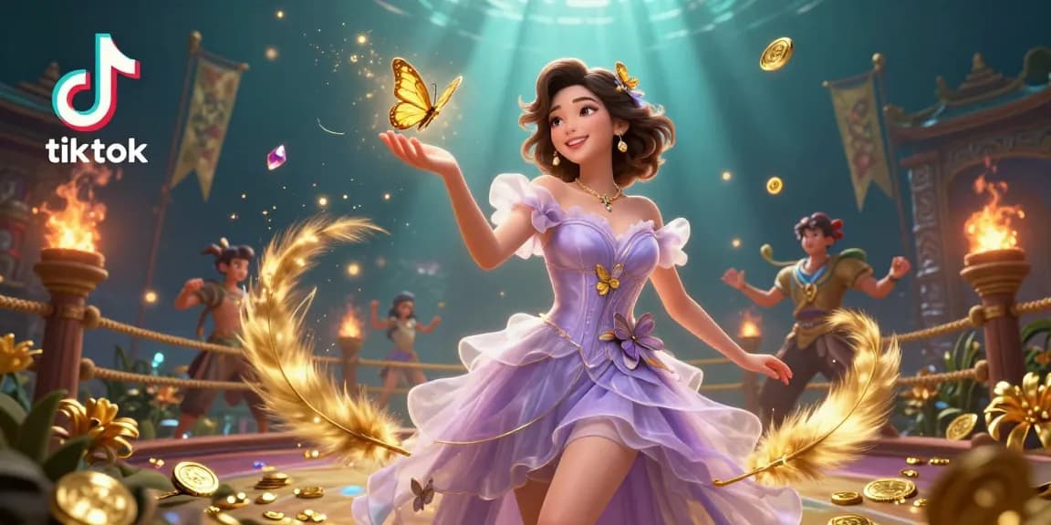 Tải video tiktok seamlessly with a stunning 3D illustration of an Asian woman amidst golden gambling elements.