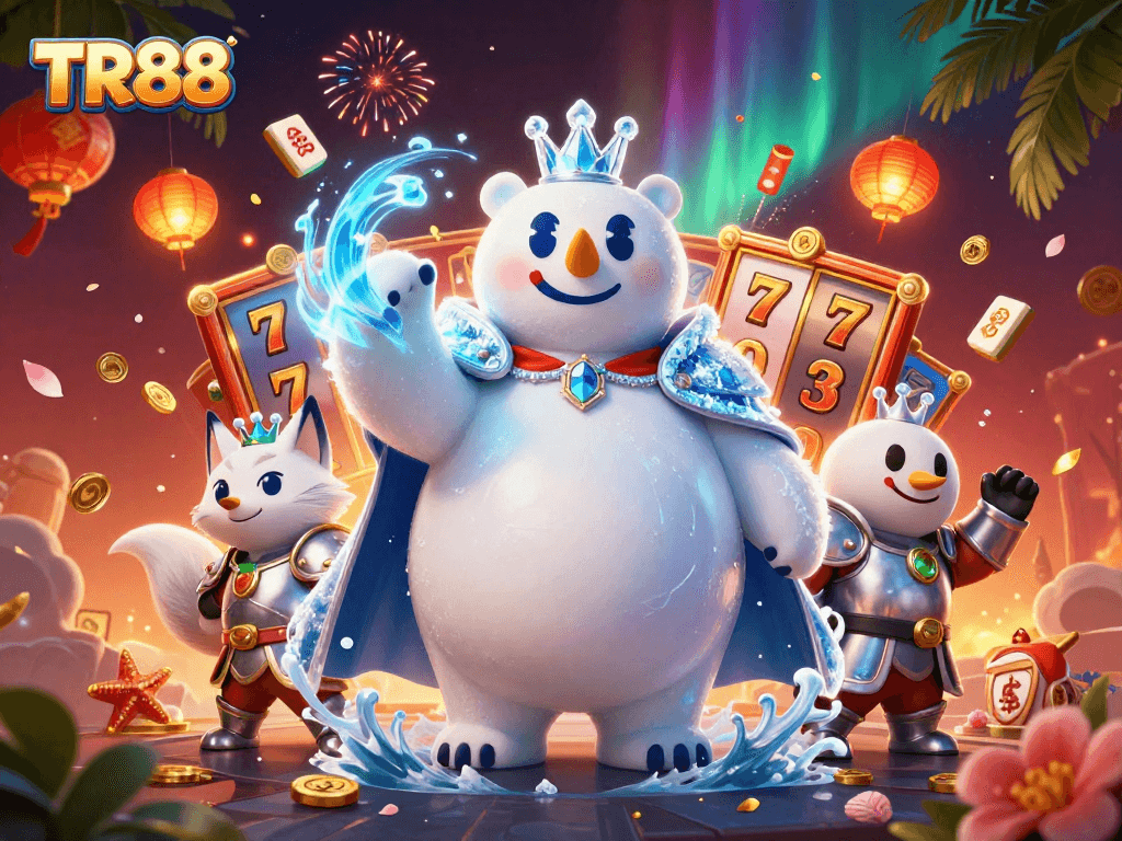 Spin the reels at TR88 with a magical ice king and snow fox in a vibrant casino scene.