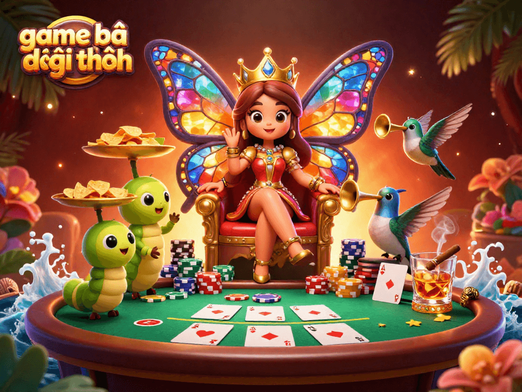 Engage with game bài đổi thưởng in a vibrant 3D casino setting featuring a butterfly queen and poker elements.