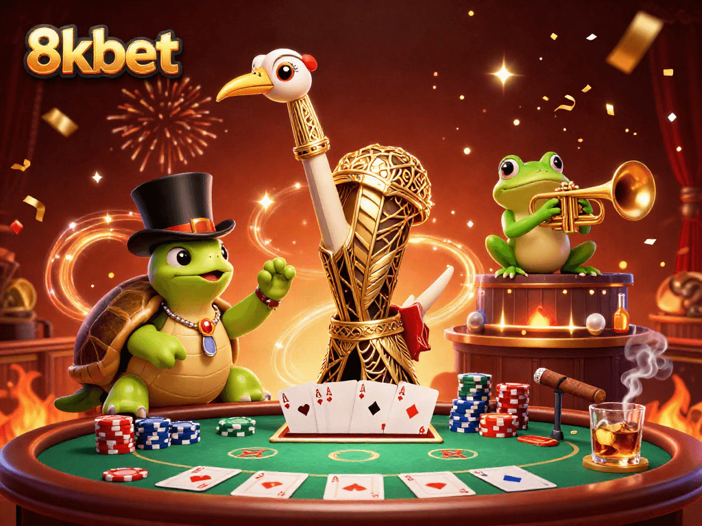 Join the excitement at 8kbet with vibrant characters celebrating a lively poker game atmosphere.