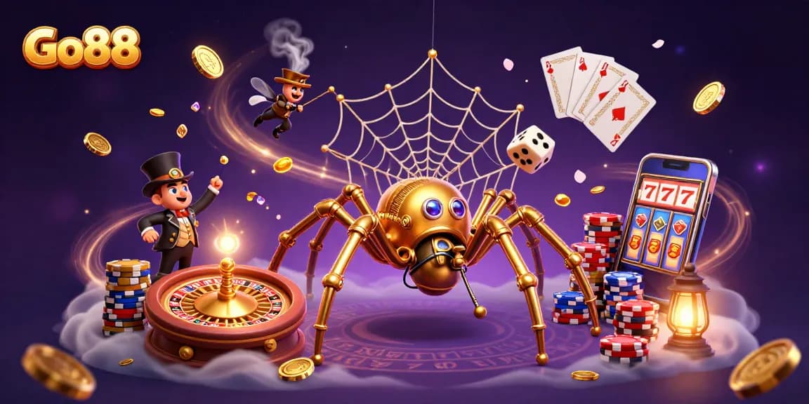 Experience thrilling gameplay at Go88, surrounded by golden coins and poker chips in an enchanting casino scene.
