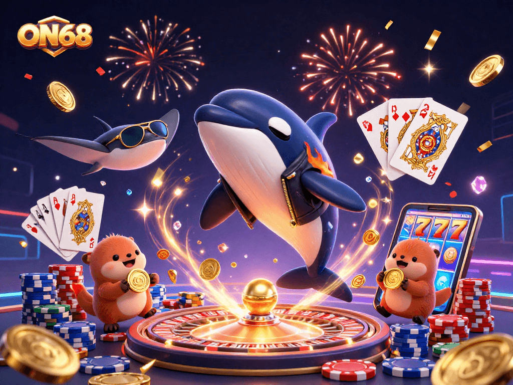 Experience the thrill of ON68 with whales, otters, and winning coins in a lively 3D casino scene.