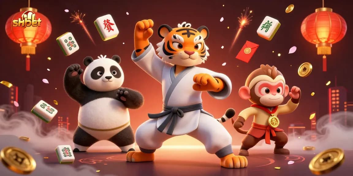 shbet features a dynamic scene with a kung fu tiger master and playful panda and monkey characters, emphasizing gambling excitement.
