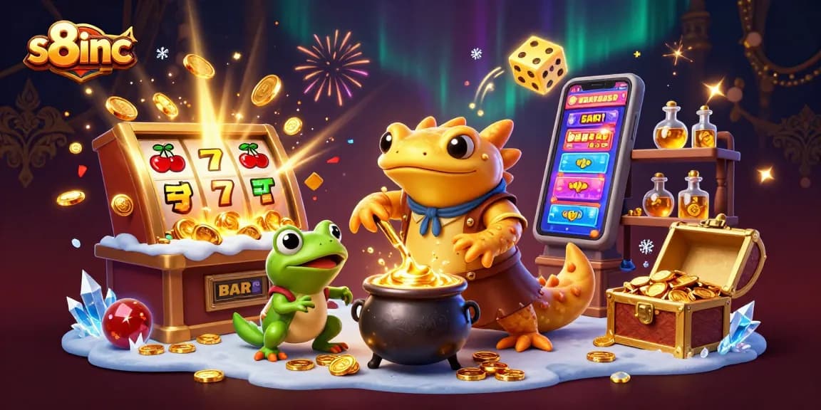 S8inc players enjoy epic wins in a vibrant casino scene with golden alchemists and jackpot rewards.