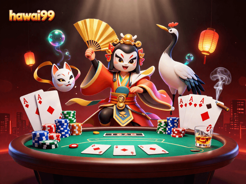 Engage in thrilling poker action at hawai99 with vibrant kabuki warrior imagery.
