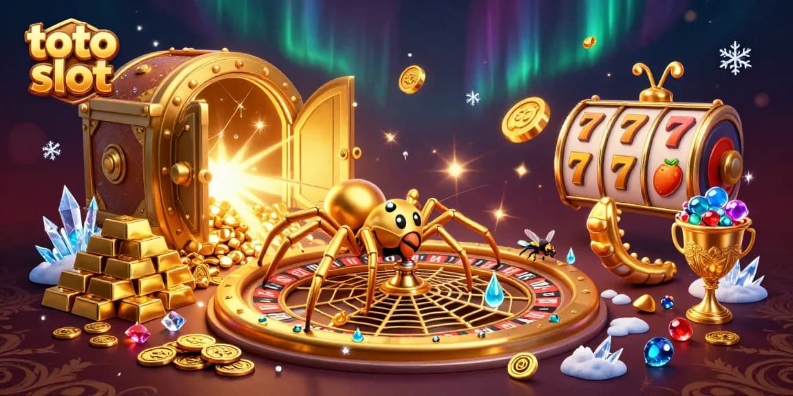Get ready to win with toto slot as a golden spider spins a roulette wheel web in a vibrant 3D casino.