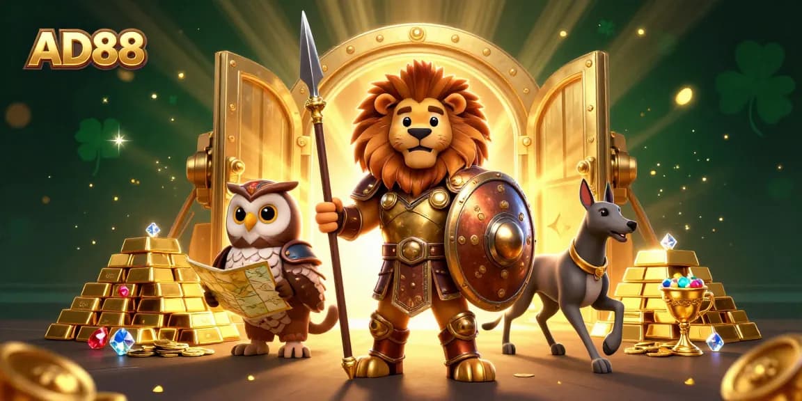 Experience excitement with AD88 as a Spartan lion guards a treasure vault, rich in gems and gold.