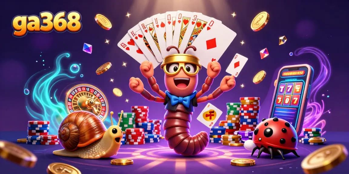 Experience thrilling moments at ga368 with a cartoon dealer, playing cards, and vibrant game elements