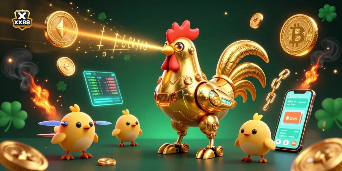 Experience thrilling gaming at XX88: a retro-futuristic golden rooster robot surrounded by cryptocurrency elements.