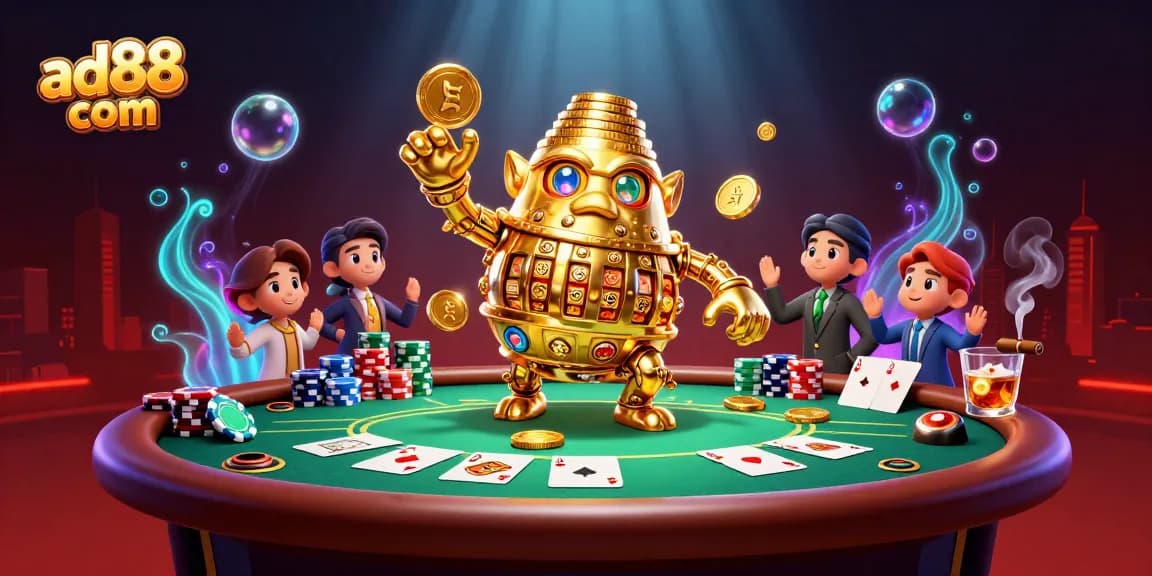 Experience the thrill of ad88 com with a vibrant 3D illustration of a golden golem amidst poker action.