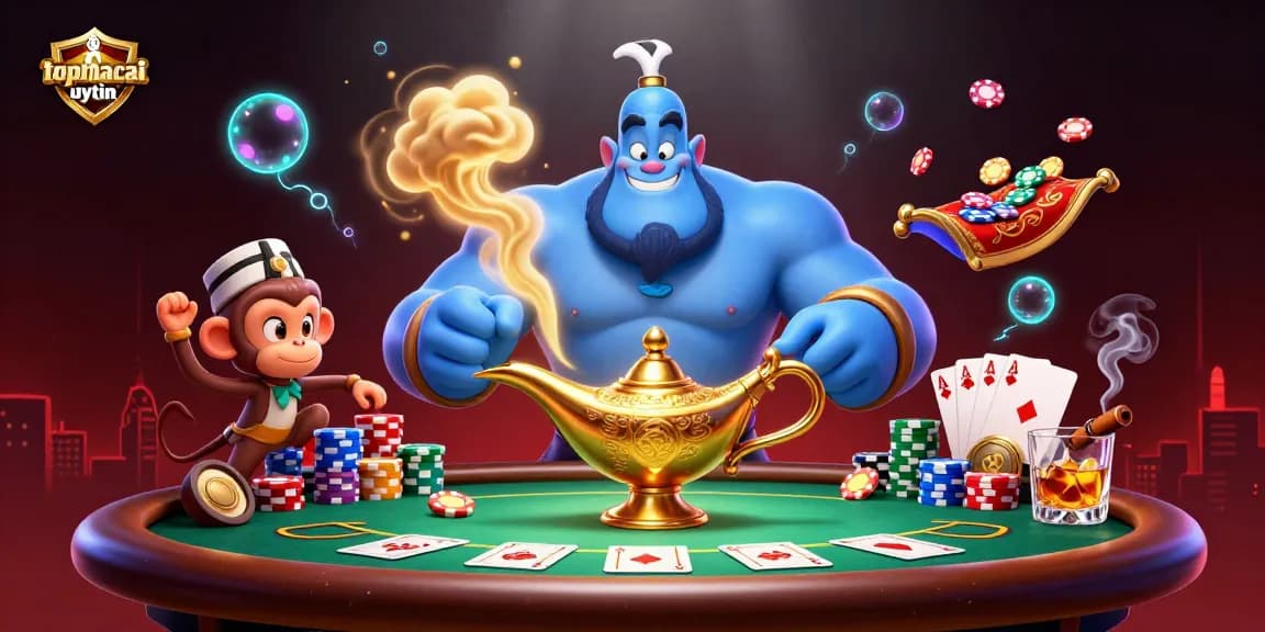 Engage with topnhacaiuytin in an exciting casino scene featuring a genie, monkey, and rich poker play.