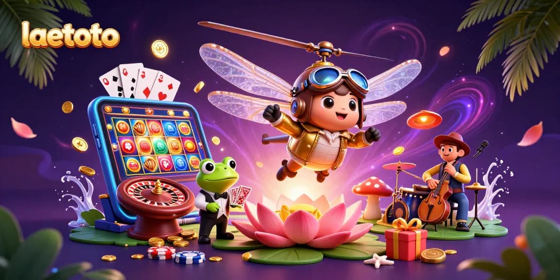 Experience laetoto with a vibrant scene of a dragonfly pilot, frog croupier, and lively gaming environment.