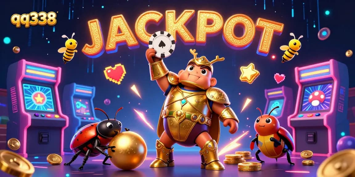 Experience the thrill of qq338 gaming with a heroic beetle lifting poker chips amidst vibrant casino elements.