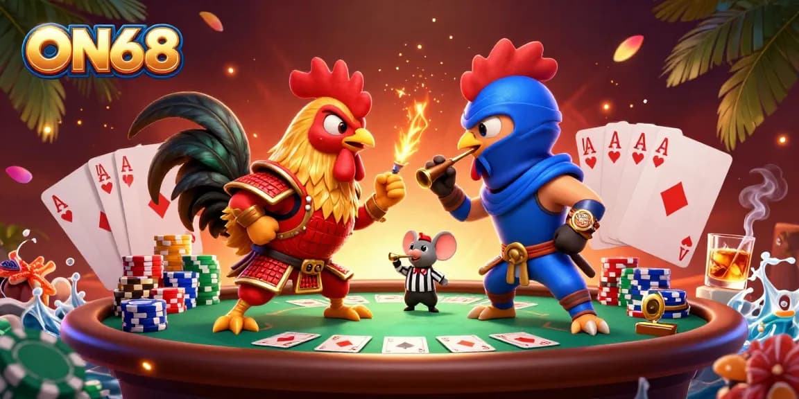 Engage with ON68's thrilling fighting roosters in a dynamic casino showdown, featuring vibrant elements and action.
