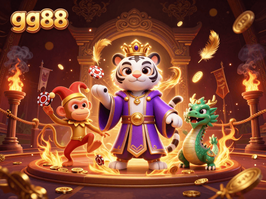 Engage with thrilling games at gg88, featuring a lively tiger, playful monkey, and jade dragon amid gold coins.