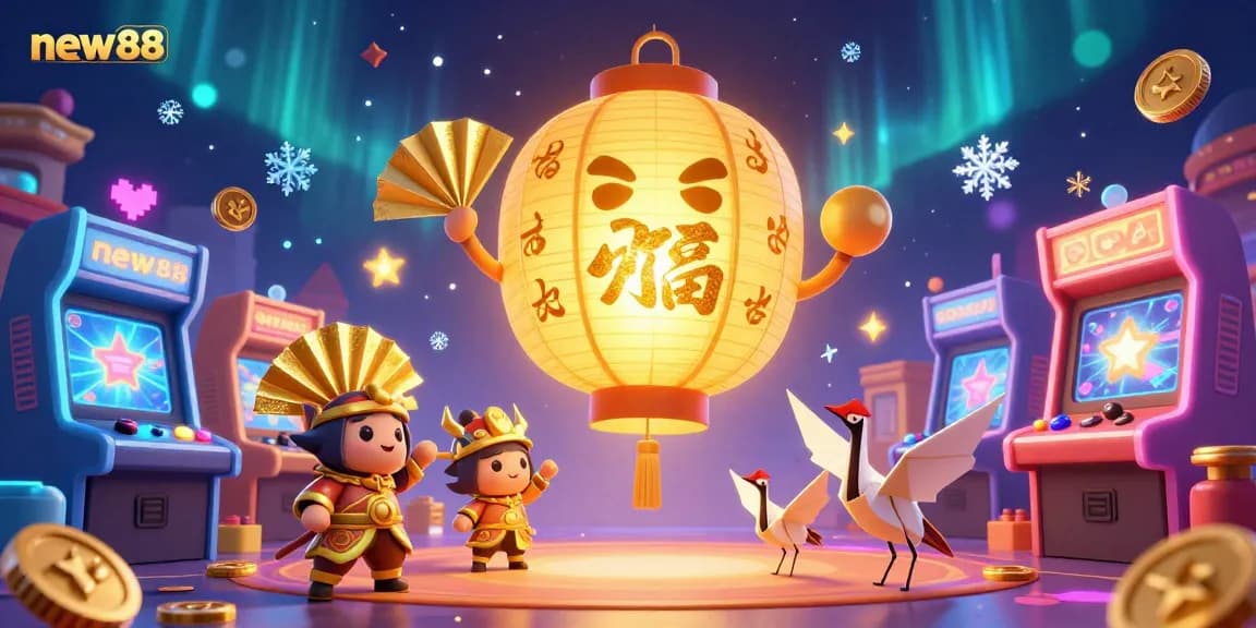 Experience the magic of new88 with a vibrant casino scene featuring a golden lantern spirit and gaming elements.