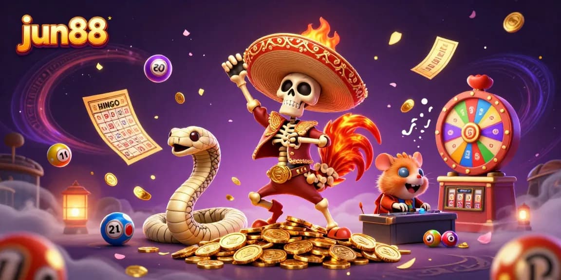 jun88 celebrates with a mariach skeleton and a mummy snake at a vibrant casino scene filled with luck.